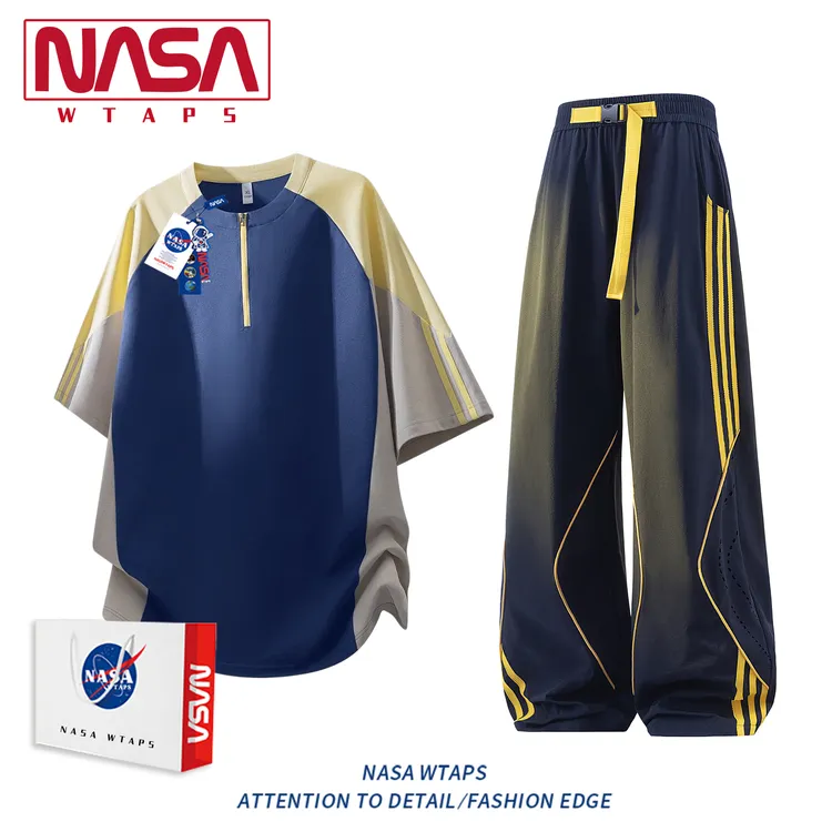 NASA WTAPS夏季冰丝半拉链短袖T恤套装男款透气凉感休闲运动套装