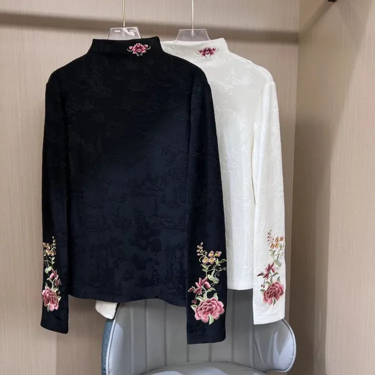 【加绒】2419中式国风时尚气质百搭长袖重工刺绣高领秋冬打底衫ins