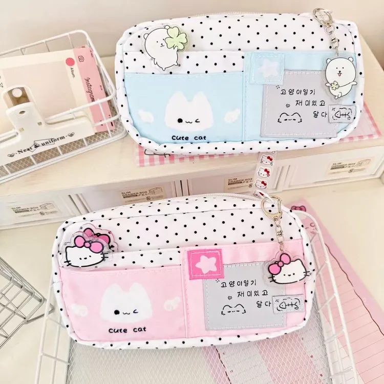 可爱波点小猫多层大容量学生高颜值文具收纳铅笔袋