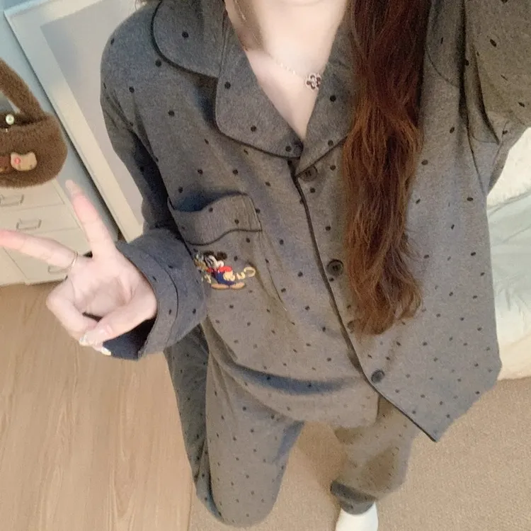 纯棉睡衣女款春秋季新款长袖卡通可爱休闲灰色米奇波点家居服套装