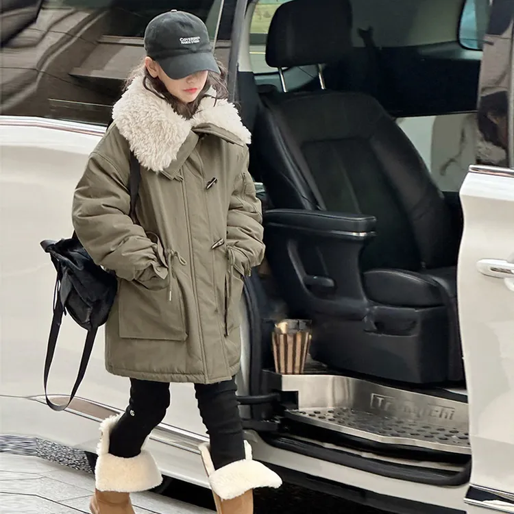 女童加绒加厚棉服外套2025新款洋气时髦女孩高级感中长款棉衣外套