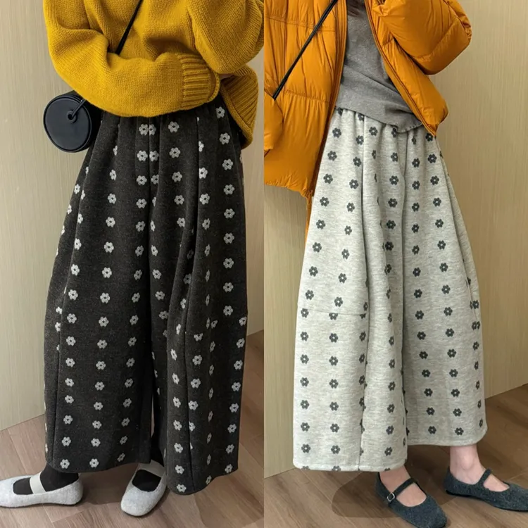 秋冬新款加厚花朵阔腿毛呢裤女秋冬新款小个子宽松显瘦九分休闲裤