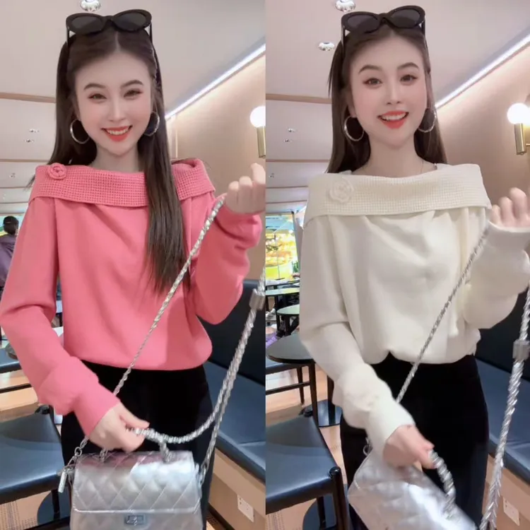 XU欧货一字领立体花朵荷叶边长袖针织衫女2025秋季新款气质上衣