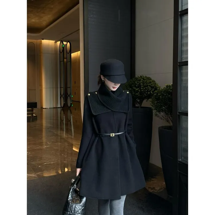 R123382W【羊毛+羊绒】不规则领型毛呢外套气质百搭中长款毛呢