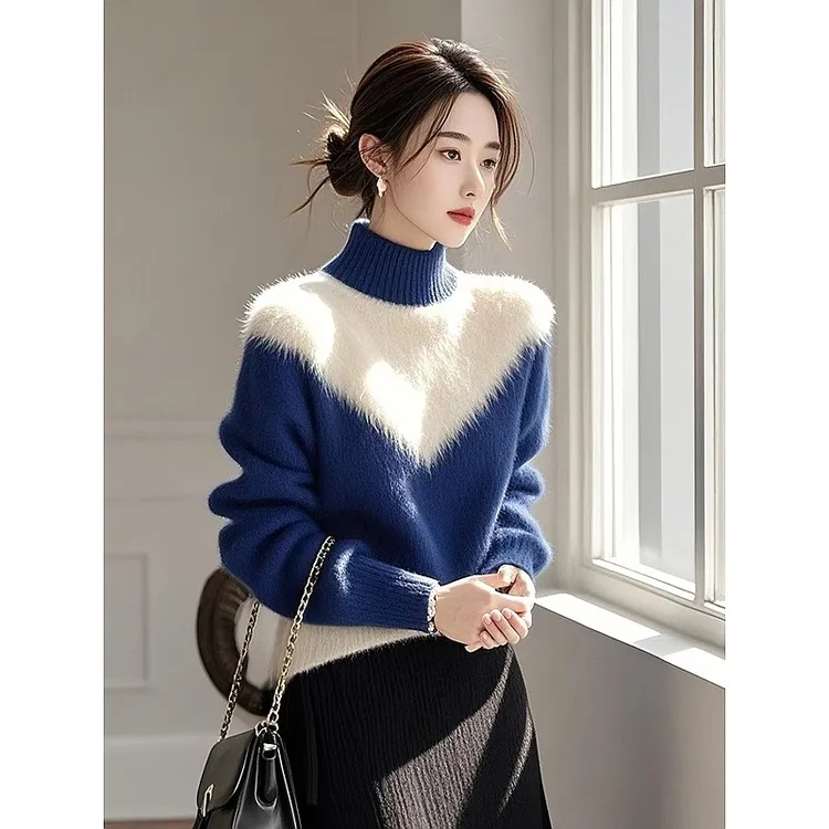 慵懒高级感美拉蓝穿搭独特漂亮高领软糯蓝色毛衣女款2024新款冬季