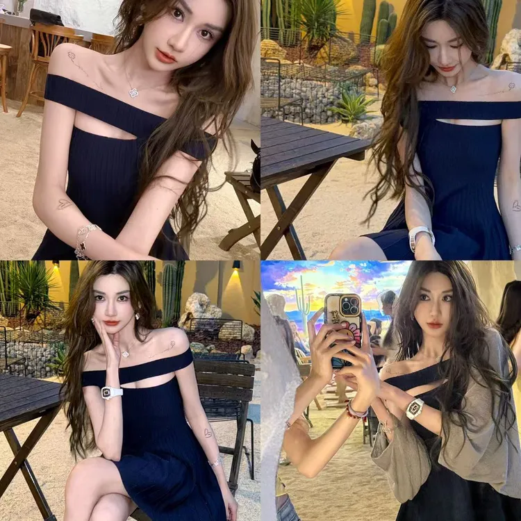 贵气感一字肩两穿针织连衣裙