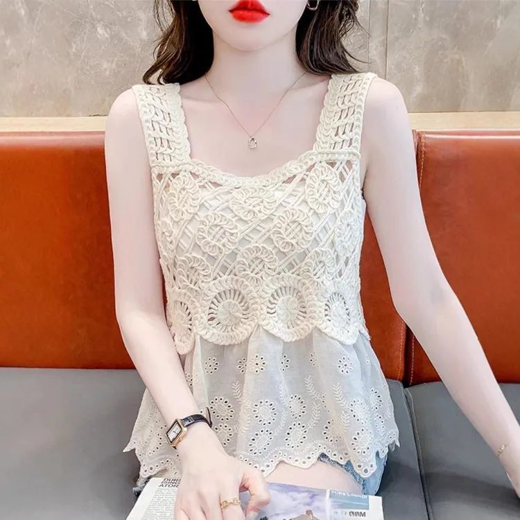 法式女上衣镂空蕾丝无袖针织背心女夏季外穿泰式小众方领吊带 503
