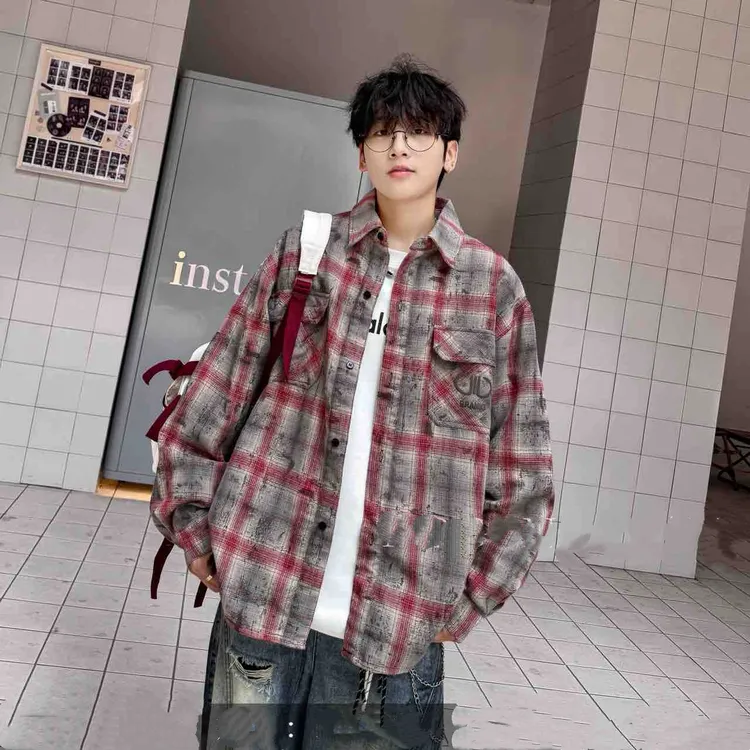 宽松港风格纹宽松帅气青少年衬衫