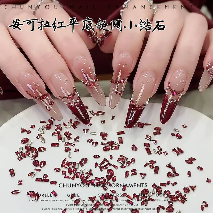 网红安可拉红迷你5A倒边锆石美甲饰品超闪平底红色异形钻指甲配饰