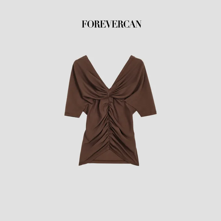 FOREVERCAN“加利布尼”一字肩露肩V领褶皱收腰显瘦上衣ST23446