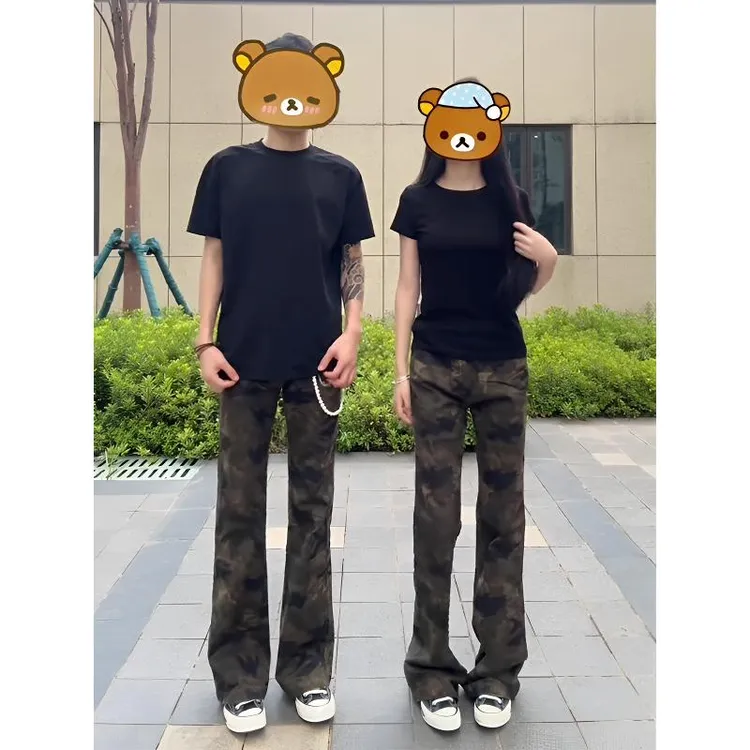 美式高街迷彩牛仔裤男女款春秋季工装裤子修身窄版休闲直筒微喇裤