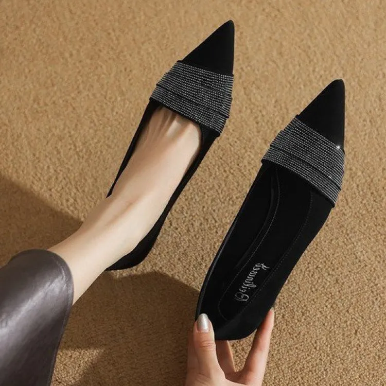 不累脚百搭粗低跟单鞋2025秋新款黑色法式气质尖头水钻浅口单鞋女