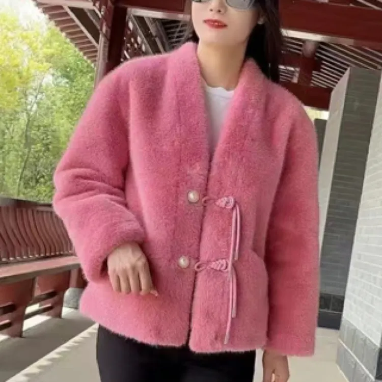 秋冬新款水貂绒V领盘扣国风小个子欧貂绒开衫外套毛毛外套女款