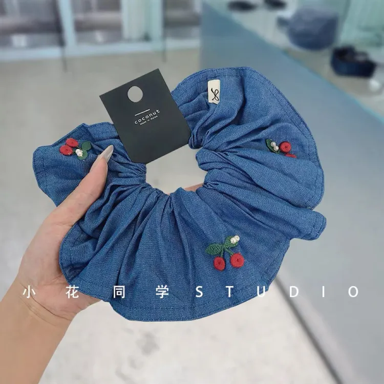 韩国发饰2025新款精致深蓝色浅蓝色牛仔布艺樱桃车厘子发圈大肠圈