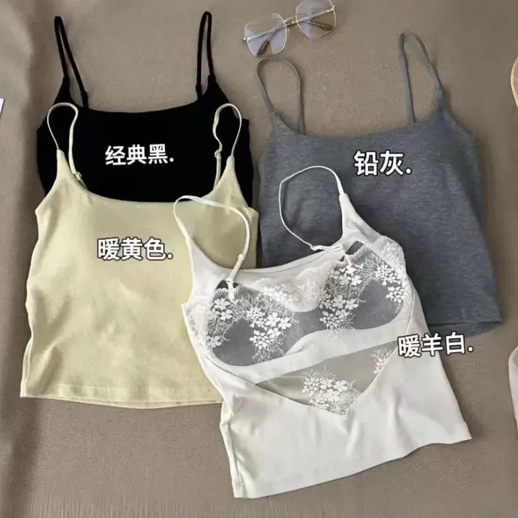 纯欲夏季薄款吊带背心女百搭内穿外搭带胸垫上衣女士提花蕾丝