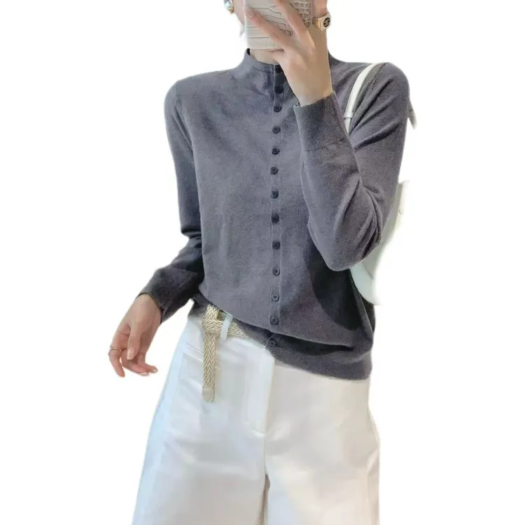 开衫秋季新款半高领修身长袖针织衫软糯百搭外套上衣