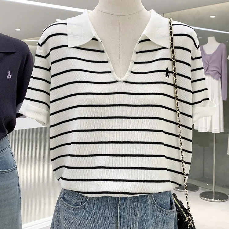 简约撞色小V领短袖针织衫女夏季新薄款时尚显瘦休闲洋气减龄上衣
