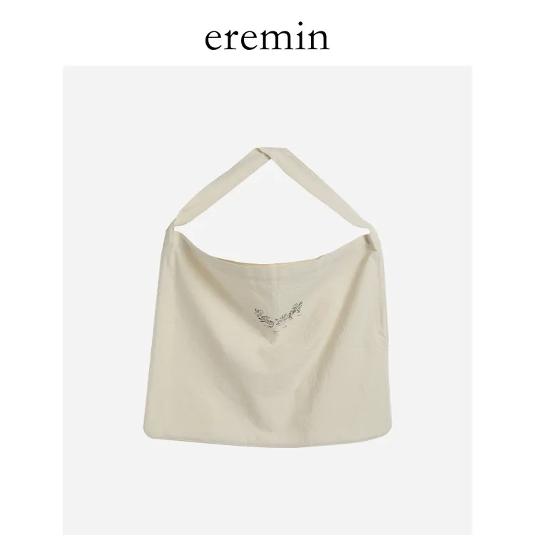 Min 原麻色纹理印花棉质大容量单肩帆布袋