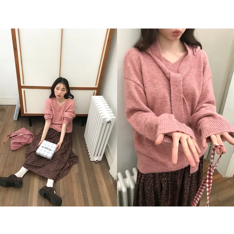 你好卡农 灰色V领毛衣女可拆卸装饰帽套头上衣两件套KZ25Z7775D