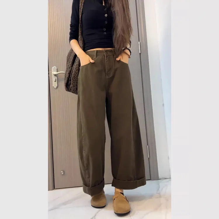 丹宁风宽松百搭阔腿裤女秋季新款胖mm梨形身材大码高腰显瘦直筒裤