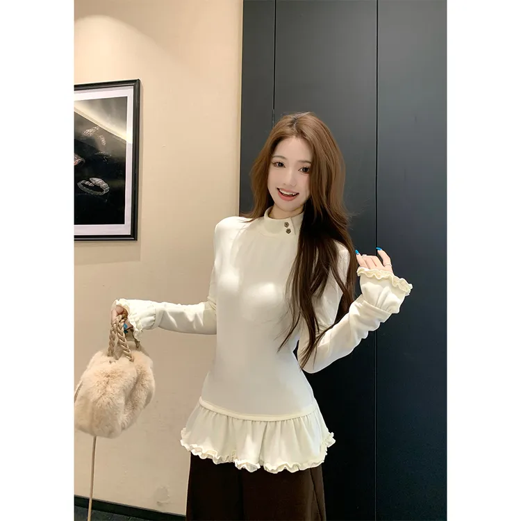  双面德绒木耳花边设计感高领打底衫女秋冬内搭长袖上衣女 23350#