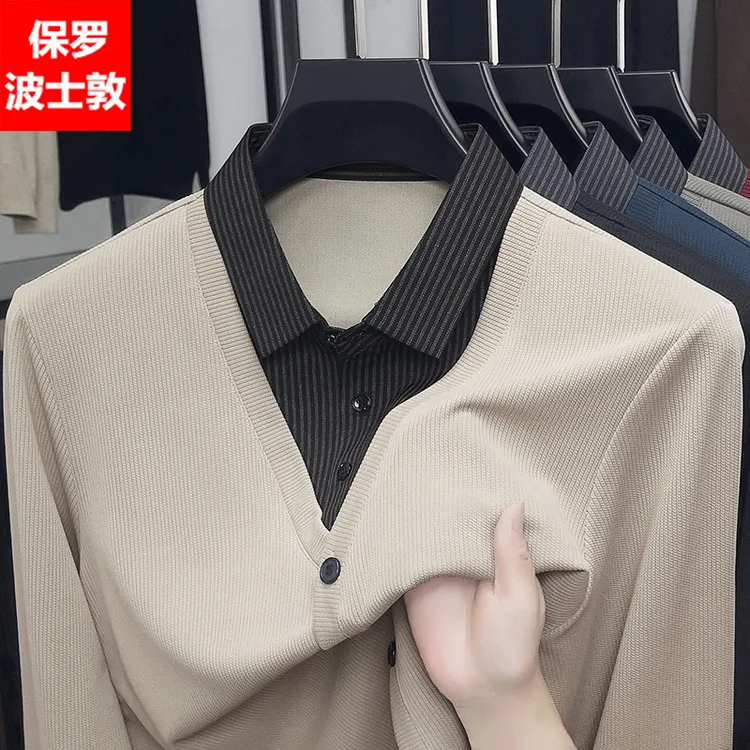 保罗男装品牌假两件男士上衣春秋新款翻领百搭商务休闲长袖polo衫