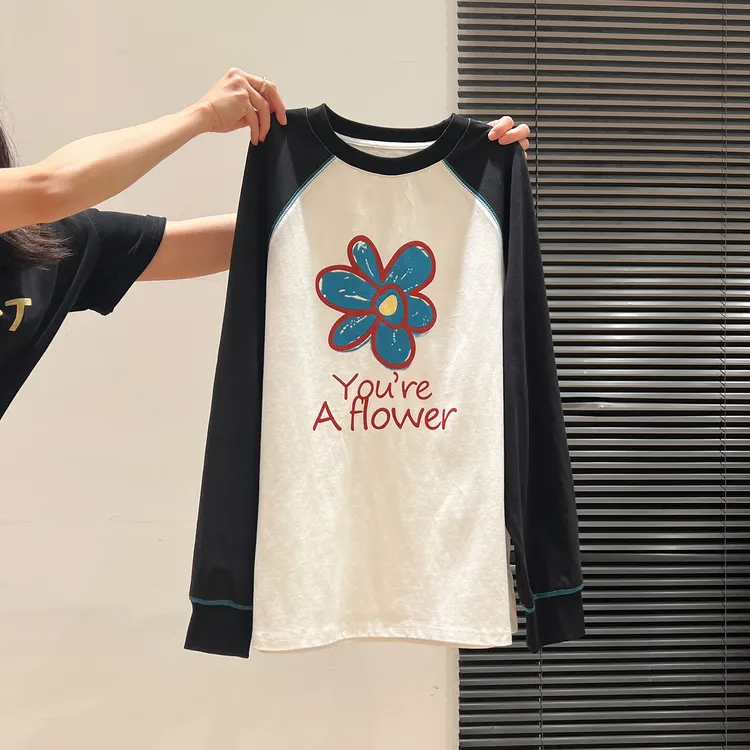 夏珍 韩系字母印花圆领插肩长袖t恤女2025秋季新款宽松慵懒风上衣