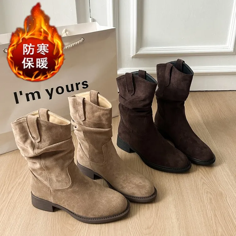 爆款厚底【3.5cm】美拉德加绒堆堆靴女2025冬季新款西部牛仔短靴女