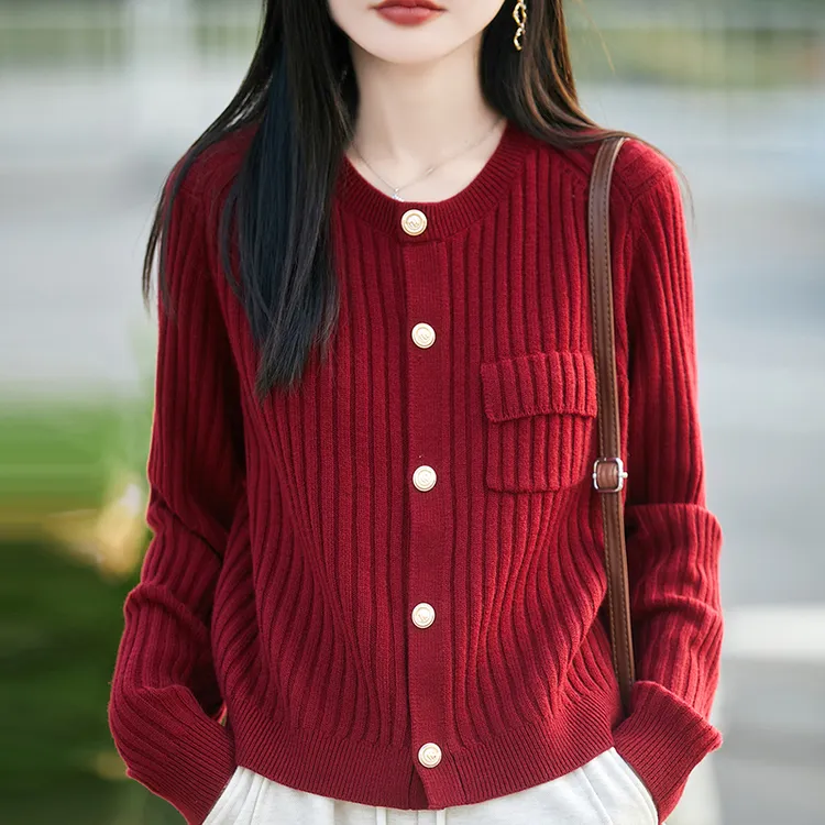 哥弟阿玛施正品秋冬新款法式小香风时尚圆领坑条毛针织开衫女外套