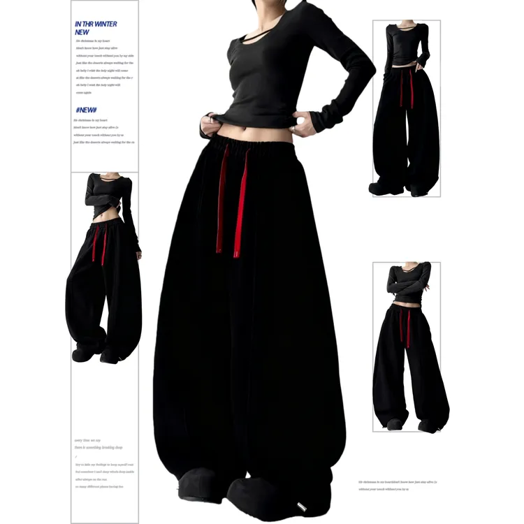 巨好看卫裤女黑色简约冬新款重磅撞色弯刀裤高级感加绒休闲阔腿裤