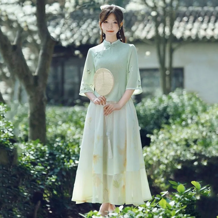 C民国风女修身旗袍上衣薄款汉元素汉服套装文艺夏季唐装茶艺服日