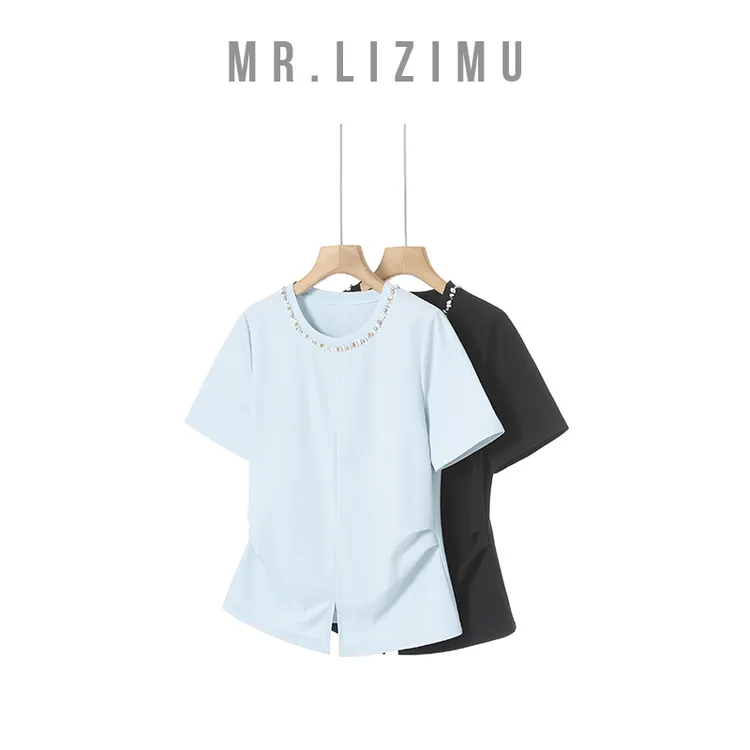 李子木先生优雅钉珠捏褶圆领t恤高腰纯色短袖女款爆款2025新款