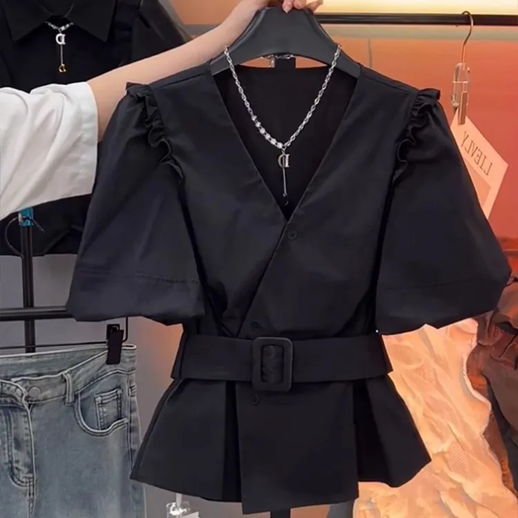 【送腰带】设计感V领泡泡袖衬衫2025夏新款小香风收腰显瘦上衣D1219