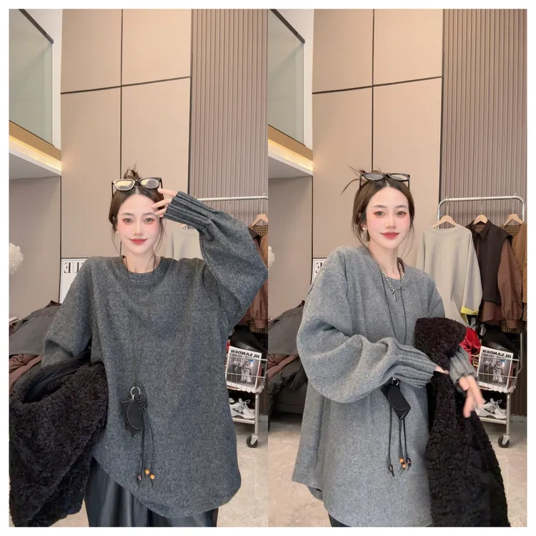 【温柔大方】加绒加厚~袖口压褶休闲简约高级感中长款大版卫衣