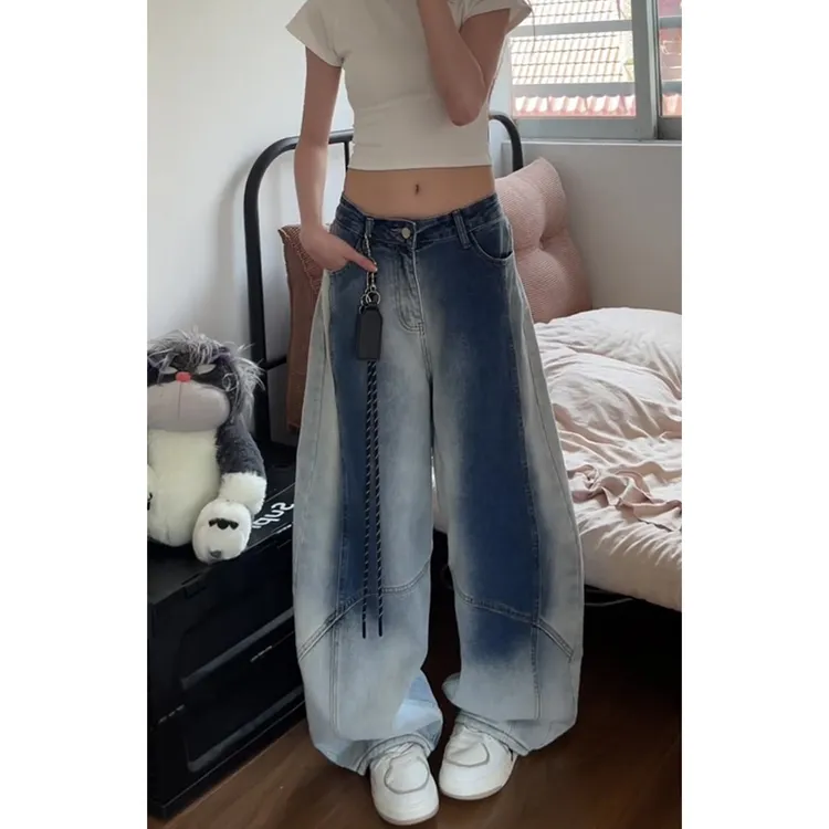 微胖mm美式做旧水洗渐变色牛仔裤女秋季新款高个子街头解构阔腿裤