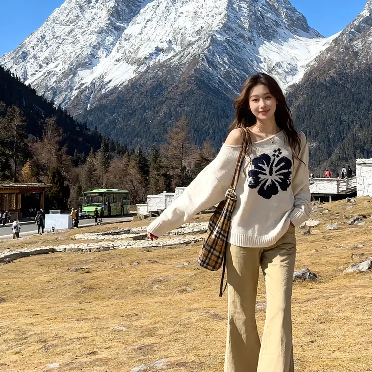 新款小众提花斜肩毛衣女装秋冬季宽松别致白色针织衫露肩打底上衣