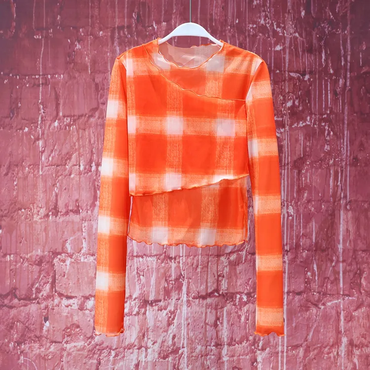 【韩哥女装】2025春季爱玛橙格纹密拷圆领打底网纱衫6523A
