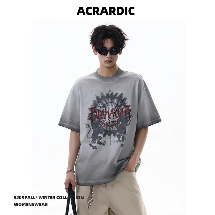 ACRARDIC高街美式字母脏染短袖T恤男复古嘻哈宽松重磅半袖上衣潮