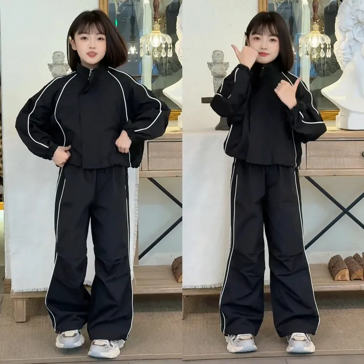 女童秋季新款时髦运动拉链外套休闲裤拉条两件套秋季女孩潮酷