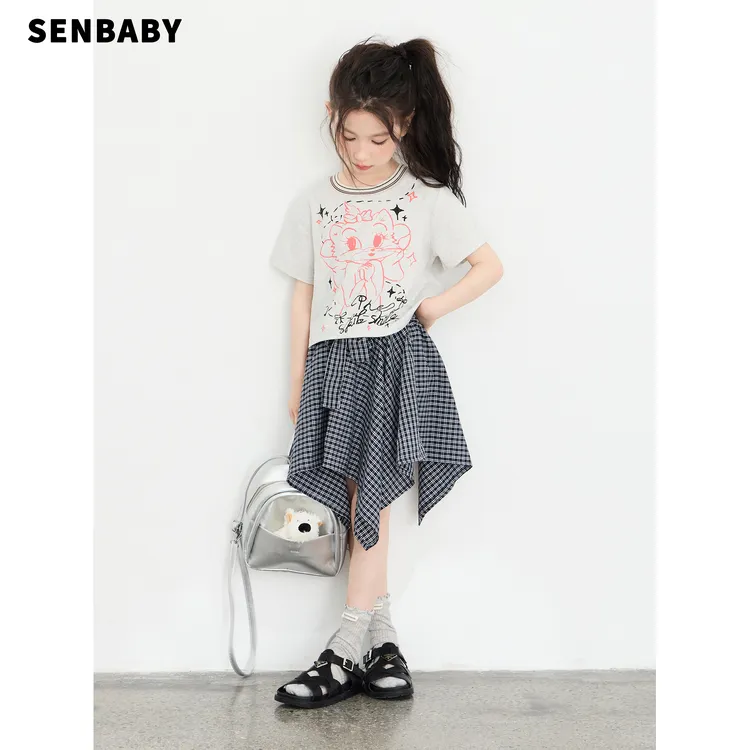 【现货】senbaby童装女童两件套夏季新款套装猫咪T恤不规则格子半裙
