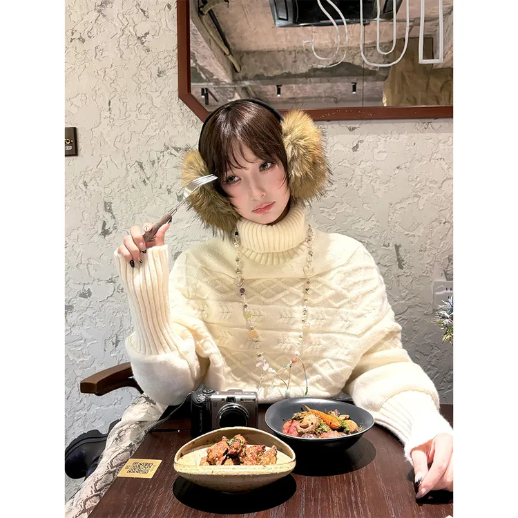 绞花蝙蝠袖套头毛衣女高领收腰上衣慵懒显瘦气质针织衫23053#