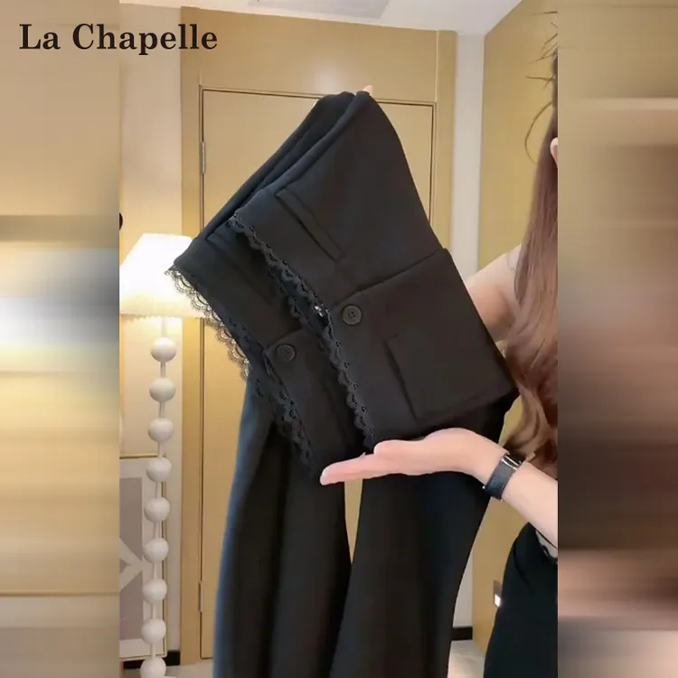 拉夏贝尔黑色微喇西装裤女秋冬加绒加厚高腰弹力修身马蹄喇叭裤子