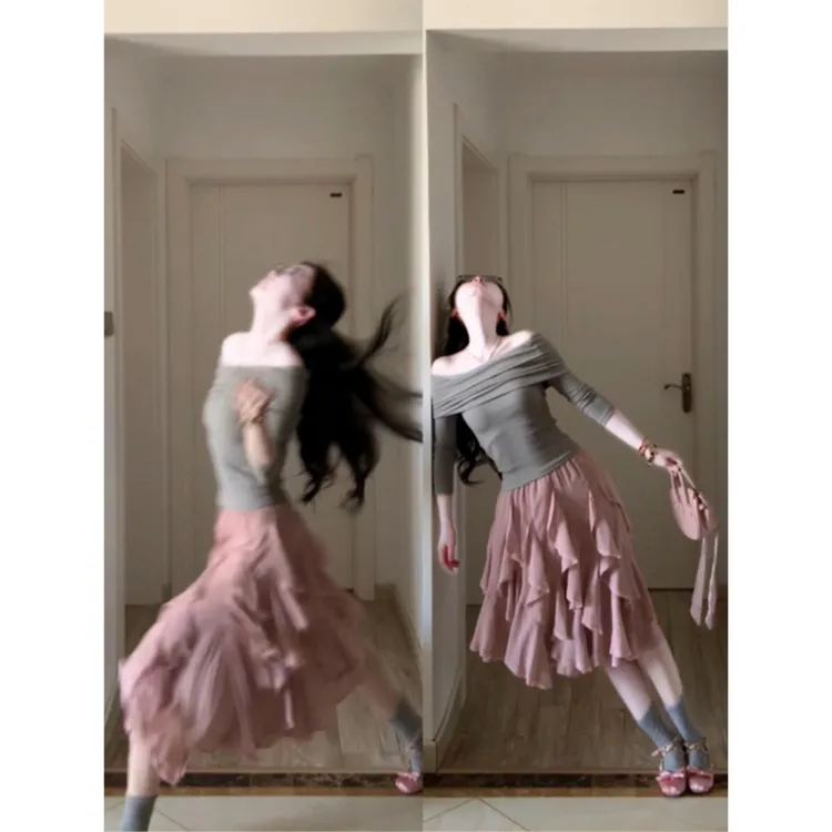 2025一字肩半袖针织衫显瘦上衣不规则粉色蕾丝半身裙A字半身裙子