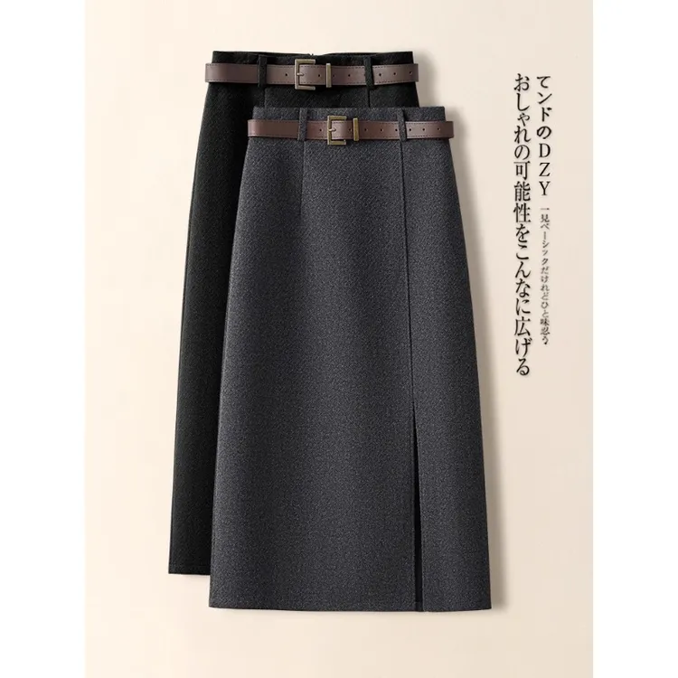 拉夏贝尔灰色毛呢a字半身裙女秋冬季2025新款直筒开叉西装包臀裙