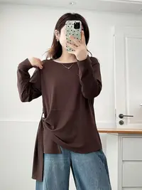 女绑带T恤长袖宽松型不起球款圆领青春女上衣