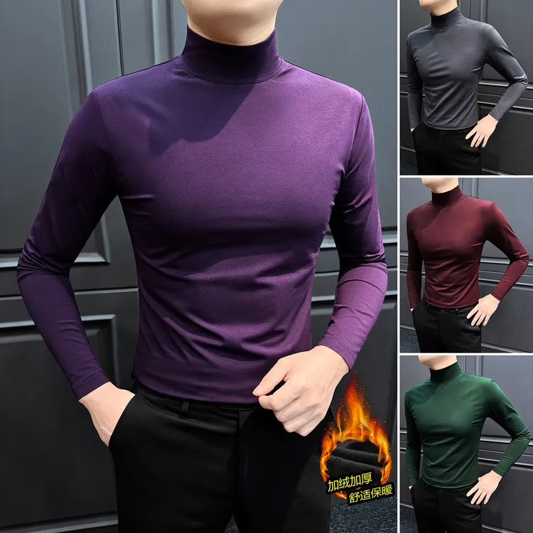 加绒加厚莫代尔男士打底衫男款秋冬季保暖西装内搭半高领长袖T恤