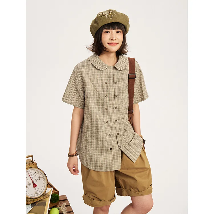 hothorse/火山马CS11007 日系复古百搭娃娃领肌理层次感清爽衬衫