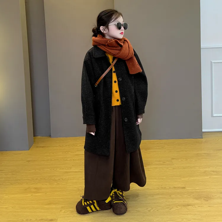 儿童韩版时尚2025春秋新款女童毛呢外套洋气中长款法式百搭大衣潮