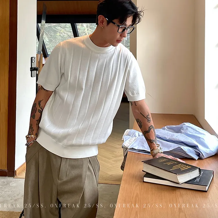 OXFREAK 「粗坑纹理 软糯感」针织正肩短袖T恤男修身小领口打底衫