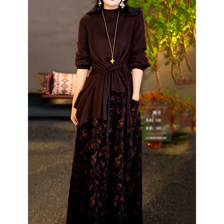 复古文艺风裙套装女2025冬季新款不规则设计感纯色针织衫+半身裙